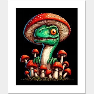 Cute Velociraptor Mushroom Hat Dinosaur Garden Posters and Art